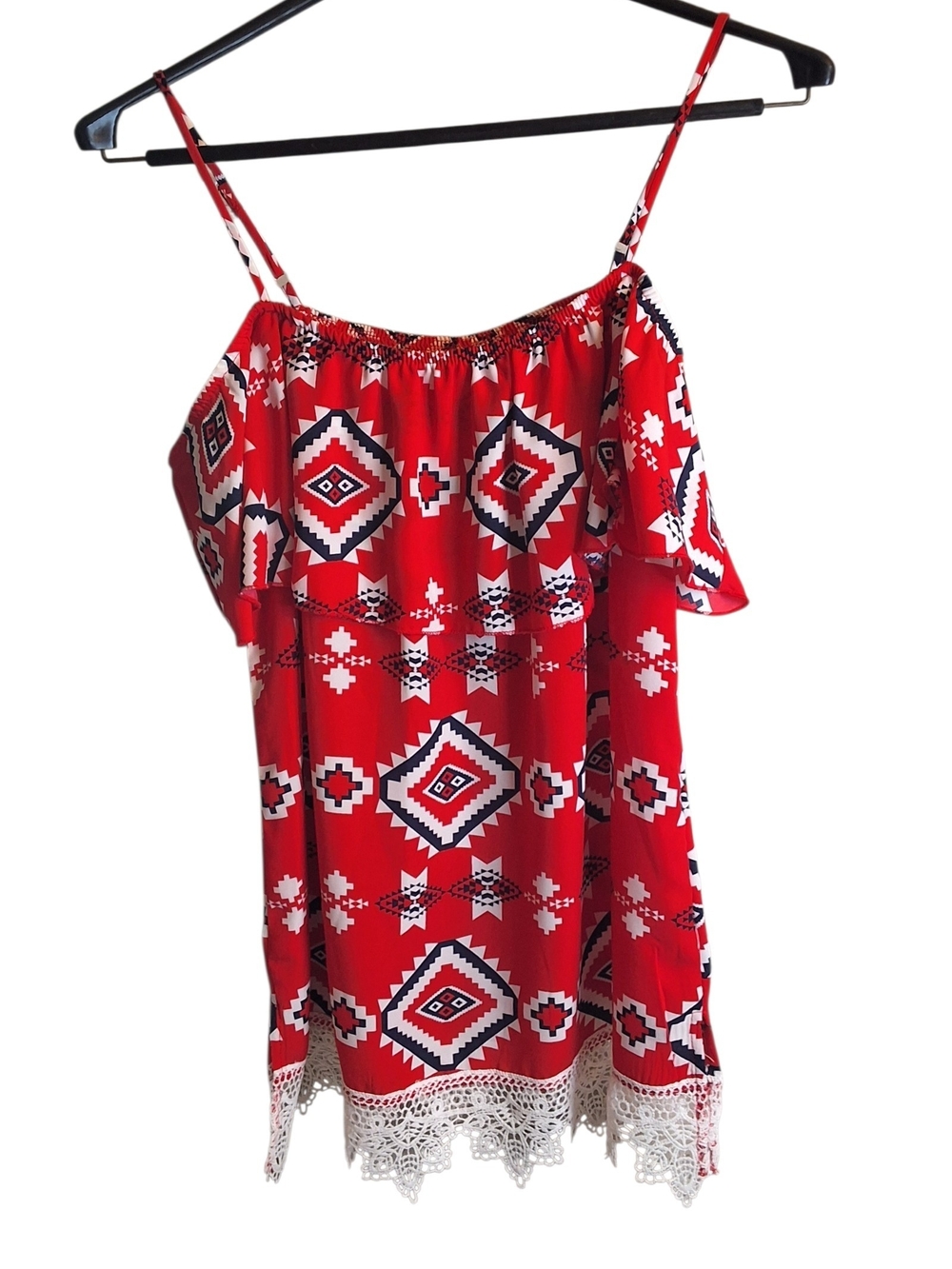 Women's Red Tribal Print Crochet-Hem Camisole Top Large